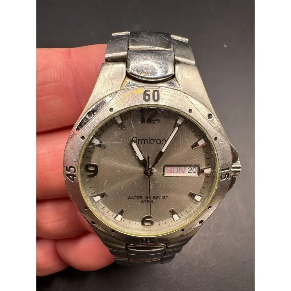 Armitron Day-Date Round Watch Stainless Steel 20/4157 Water Resistant 165ft